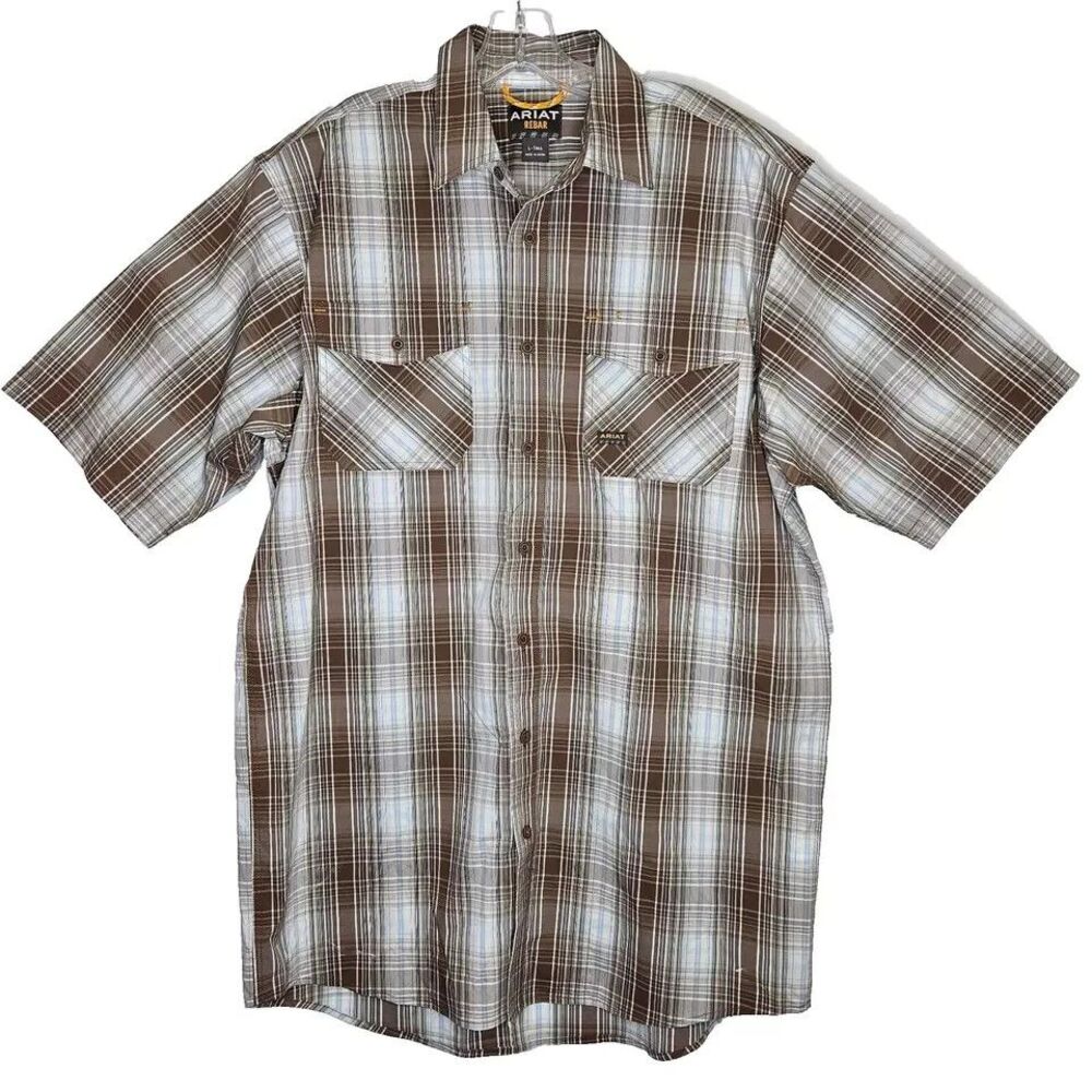 Ariat Rebar Mens Button Up Shirt Large Tall Brown Plaid Short Sleeve LT